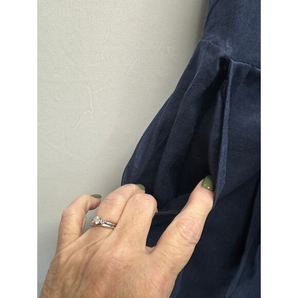 Reiss Navy Linen Tie Front Midi Dress Size 2 Adjustable Straps V-Neck Slit Hem - Picture 6 of 14